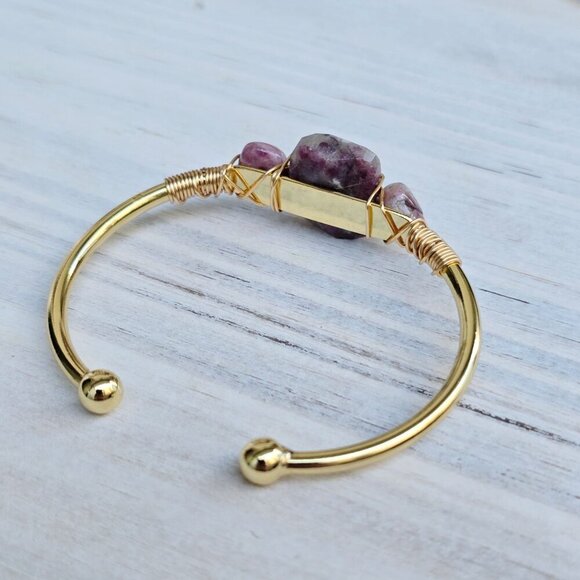 Pink Tourmaline ✦ Wire Wrap Cuff ✦ 14Kt Gold Over Copper Handmade Bracelet - Picture 5 of 11